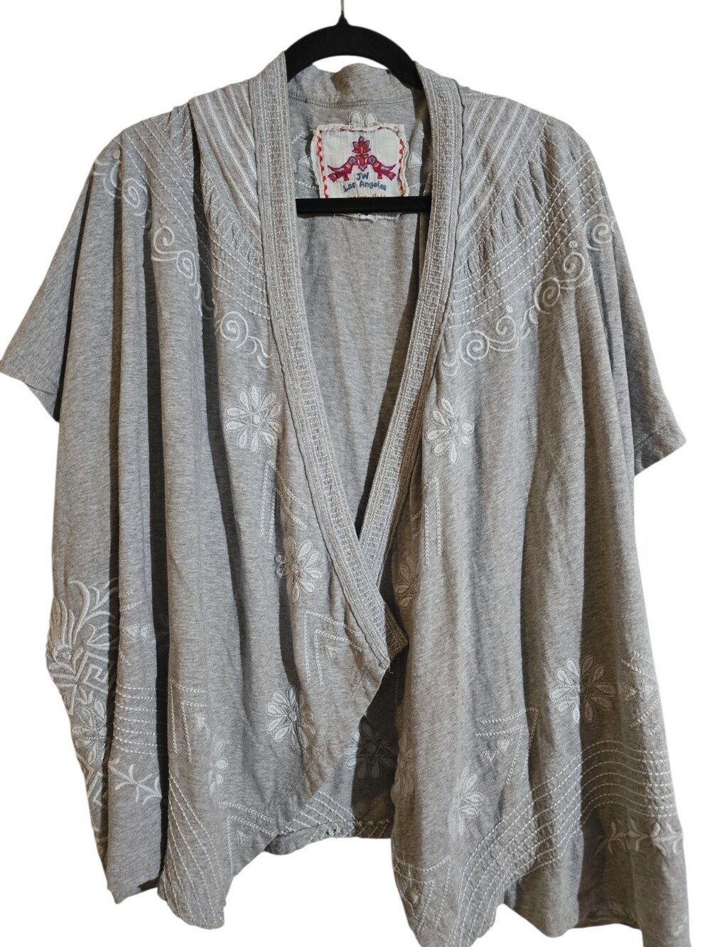 #332.Johnny Was Light Gray Embroidered Open-front Boho Cardigan